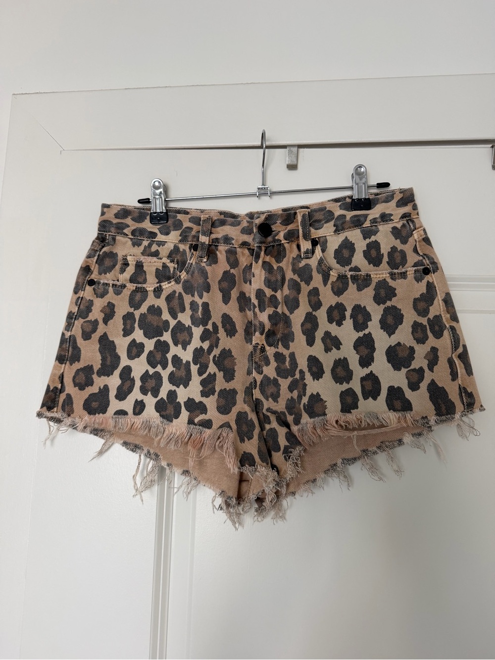 The Bar Leopard Print High-Rise Frayed Hem Shorts - Tan/Black